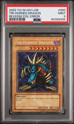 Tri-Horned Dragon LOB PSA 9 Reverse Secret Rare Misprint Error #000 Yugioh 2002 - Image 1