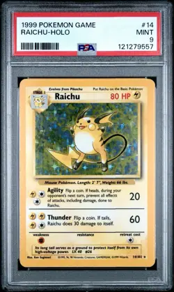 1999 RAICHU HOLO POKEMON BASE SET UNLIMTIED #14 PSA 9 - Image 1