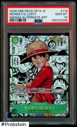 2025 One Piece OP-13 Japanese Manga #118 Monkey D. Luffy PSA 10 GEM MINT - Image 1