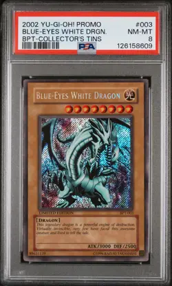 2002 YU-GI-OH! PROMO BPT-COLLECTOR'S TINS #003 BLUE-EYES WHITE DRAGON PSA 8 - Image 1