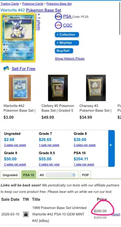 Wartortle 42/102 GRADED 10 NEAR MINT PGC old rare pokemon card stunning - Image 4