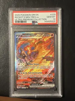 2025 Pokemon Destined Rivals EN Rocket’s Moltres Stamped UPC 229 PSA 10 POP 200 - Image 1