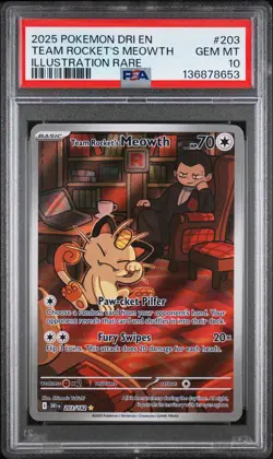 Pokemon Destined Rivals Team Rocket's Meowth 203 PSA 10 - Image 1