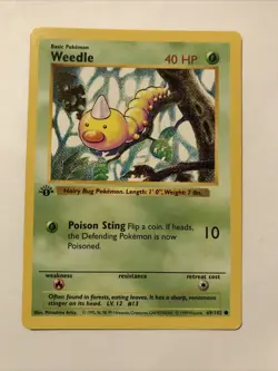 1st Edition Shadowless Weedle 69/102 Base Set Pokemon Card Rare - Image 1