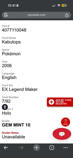 CGC 10 GEM MINT Kabutops 2006 EX Legend Maker 7/92 Holo Pokemon SWIRL Legacy9.5 - Image 3