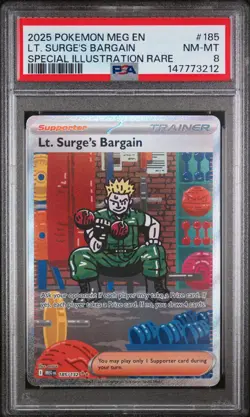 2025 Pokemon Mega Evolution Base #185 SIR FA Lt. Surge's Bargain PSA 8 NM - Mint - Image 1