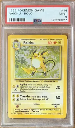 1999 POKEMON BASE SET UNLIMITED #14 RAICHU-HOLO PSA 9 - Image 1