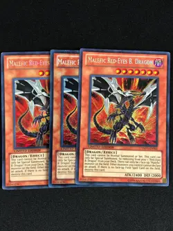 YUGIOH MALEFIC RED-EYES B. DRAGON YMP1-EN001 SECRET PLAY/EDGE WEAR X3 - Image 1