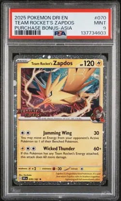 2025 POKEMON DESTINED RIVALS PURCHASE BONUS-ASIA #070 TEAM ROCKET'S ZAPDOS PSA 9 - Image 1