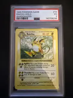 1999 POKEMON BASE SET 1ST EDITION #14 RAICHU HOLO Shadowless PSA 3 - Image 1