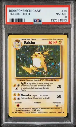 1999 POKEMON GAME #14 RAICHU-HOLO PSA 8 - Image 1