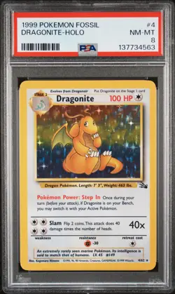 1999 POKEMON FOSSIL #4 DRAGONITE-HOLO PSA 8 - Image 1
