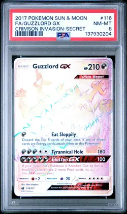 2017 POKEMON SUN & MOON CRIMSON INVASION SECRET #116 FULL ART/GUZZLORD GX PSA 8 - Image 1