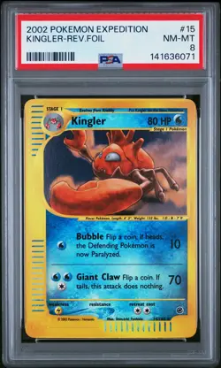 2002 POKEMON EXPEDITION #15 KINGLER-REVERSE FOIL PSA 8 - Image 1