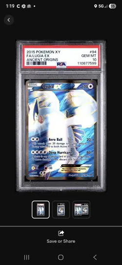 2015 POKEMON XY ANCIENT ORIGINS #94 FULL ART/LUGIA EX PSA 10 - Image 1