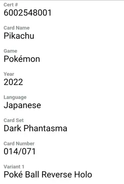 CGC Pristine 10 2022 Pikachu 14/71 Pokeball Dark Phantasma Reverse Holo JPN - Image 5
