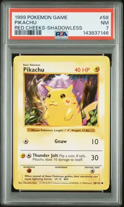 1999 Pokemon Base Set Red Cheeks Shadowless Pikachu #58 PSA 7 - Image 1