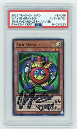 PSA Signed Wayne Grayson Yu-Gi-Oh! Time Wizard Metal Raiders MRD-E065 25th - Image 1