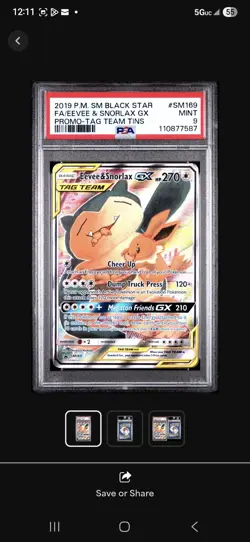Pokemon PSA 9 EEVEE & SNORLAX GX #SM169 Sun & Moon Black Star Promo - Image 1