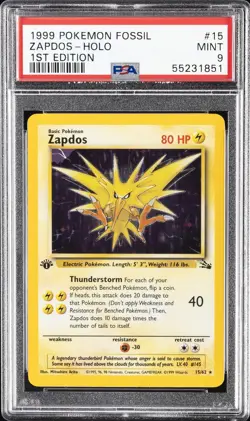 1999 POKEMON FOSSIL 1ST ED #15 ZAPDOS-HOLO PSA 9 - Image 1