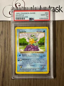 PSA 10 - Pokemon SQUIRTLE 63/102 - SHADOWLESS BASE SET - GEM MINT Starter - Image 1