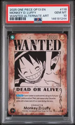 One Piece Monkey D. Luffy SP Wanted Poster OP13-118, English, PSA 10, GEM MT - Image 1