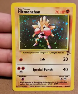 Pokemon TCG Hitmonchan 8/130 ☆ Holo Rare W/Swirl 🌀Base Set 2 VINTAGE LP - Image 1