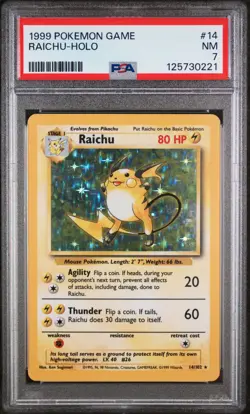 PSA 7 Raichu 14/102 Base Set Rare Holo Pokemon Card WOTC 1999 - Near Mint - Image 1