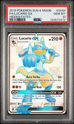 2019 Pokemon Sun & Moon Hidden Fates Lucario GX Full Art FA #SV64 PSA 10 - Image 1