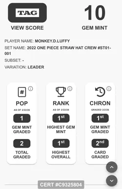 2022 One piece TCG. ST01-001 Monkey D. Luffy Leader. TAG Graded 10/10 Gem Mint💎 - Image 3