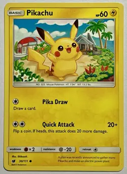 Pikachu 30/111 (NM) Common Sun & Moon: Crimson Invasion 2017 Pokemon Card TCG - Image 1