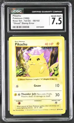 CGC 7.5 Pikachu Base Set 1st Edition 58/102 "Ghost" Stamp Error Pokemon Card - Image 1