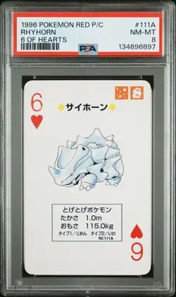 1996 POKEMON RED VERSION PLAYING CARDS 111A RHYHORN 6 OF HEARTS PSA 8 - Image 1