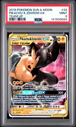 2019 POKEMON SUN & MOON TEAM UP #33 PIKACHU & ZEKROM GX PSA 9 - Image 1