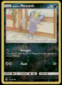 Pokemon - 128/236 - Alolan Meowth - Cosmic Eclipse - Reverse Holo - NM/M - Image 1