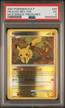 Pop 5! Excellent 2007 Pokemon Mysterious Treasures Pikachu 94 Reverse Foil PSA 5 - Image 1