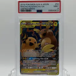 Pokemon TCG Unified Minds Raichu & Alolan Raichu GX #54/236 PSA 9 MINT - Image 1