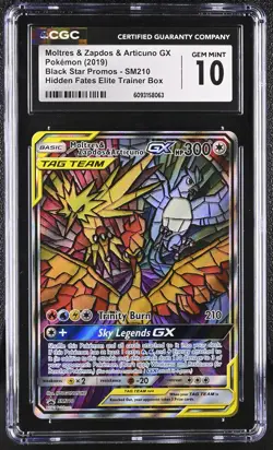 CGC 10 Gem Mint Moltres & Zapdos & Articuno Gx Sm210 Hidden Fates ETB Pokemon - Image 1