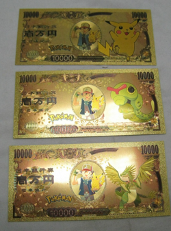 3 Pokemon Go Nippon Ginko 10K Yen Novelty 24K Gold Foil Plated Note Bill Pikach - Image 1