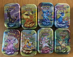 Prismatic Evolutions Empty Mini Tin Complete Set Of 8 Tin + Card + Coin + cards - Image 1