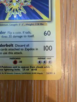 Pokemon TCG Zapdos Base Set Holo Unlimited Rare Card 16/102 LP Condition - Image 5