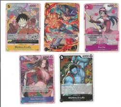 5 One Piece CCG Holo Cards: Monkey D. Luffy (2), Sabo, Porche, Boa Hancock - Image 1