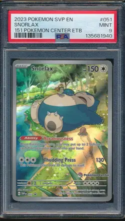 2023 Pokemon Scarlet & Violet 051 Snorlax 151 Pokemon Center ETB PSA 9 STAMP - Image 1
