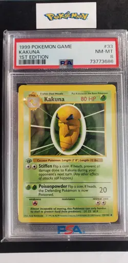 First Edition 1999 Pokemon Base Set 33/102 Kakuna PSA NM-MT 8 - Image 1