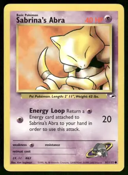Pokemon Cards Sabrina's Abra 91/132 Unlimited Gym Heroes WOTC Common NM - Image 1
