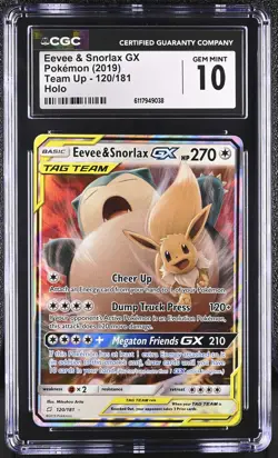 CGC 10 GEM MINT Eevee & Snorlax GX 2019 Team Up 120/181 Holo Pokemon Card - Image 1
