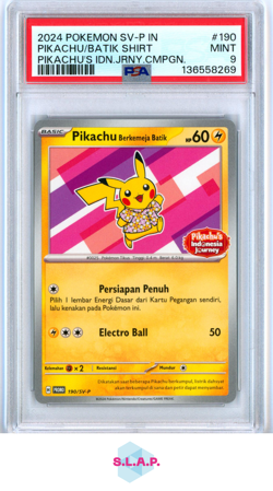 PIKACHU/BATIK SHIRT PIKACHU'S IDN.JRNY.CMPGN POKEMON IND SV-P PRM 2024 190 PSA 9 - Image 1