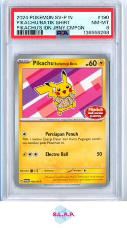 PIKACHU/BATIK SHIRT PIKACHU'S IDN.JRNY.CMPGN POKEMON IND SV-P PRM 2024 190 PSA 8 - Image 1