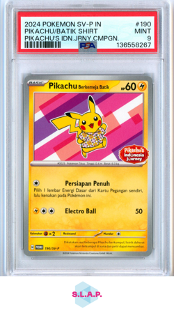 PIKACHU/BATIK SHIRT PIKACHU'S IDN.JRNY.CMPGN POKEMON IND SV-P PRM 2024 190 PSA 9 - Image 1