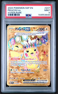 2024 POKEMON SSP EN-SURGING SPARKS HYPER RARE #247 PIKACHU EX PSA 9 MINT - Image 1